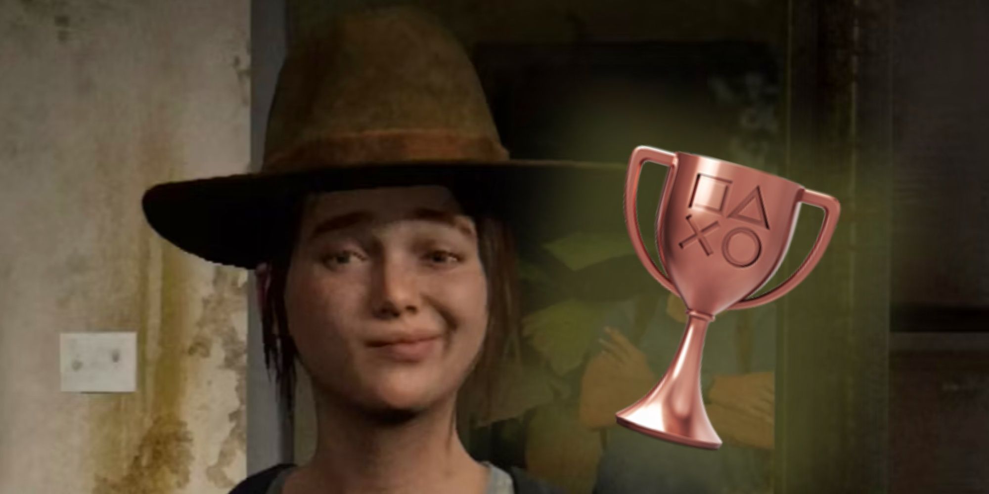 The Last Of Us Parte 2 Ellie usando um chapéu perto de um troféu de bronze do PlayStation