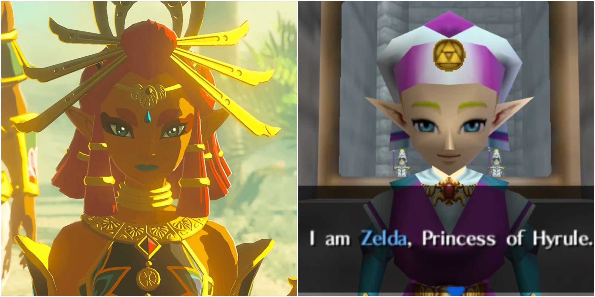 Riju from Tears of the Kingdom and Princess Zelda from Ocarina of Time, saying 'I am Zelda, Princess of Hyrule'