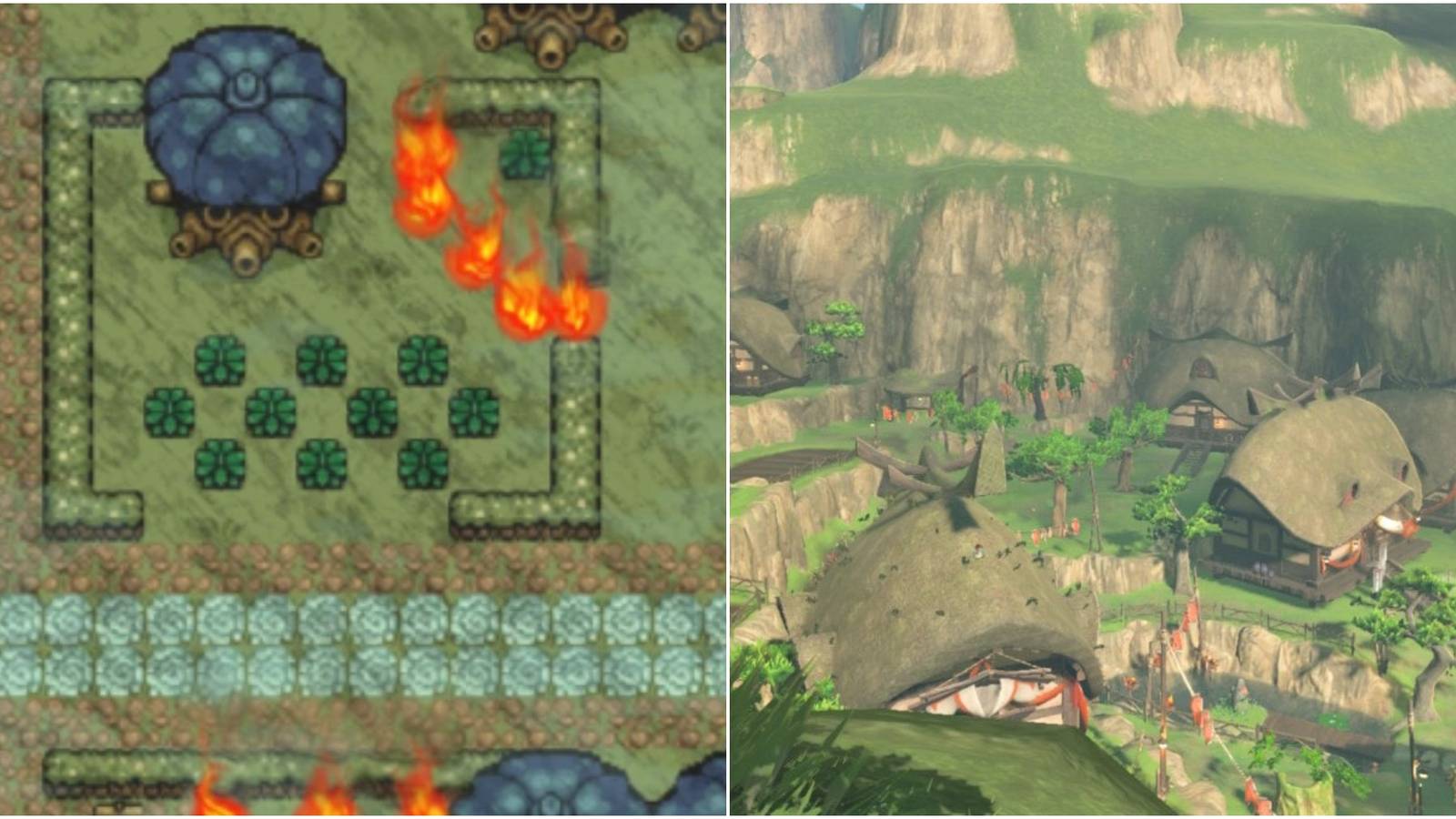 A Link to the Past's Kakariko Village beside an establishing shot of Breath of the Wild's Kakariko Village