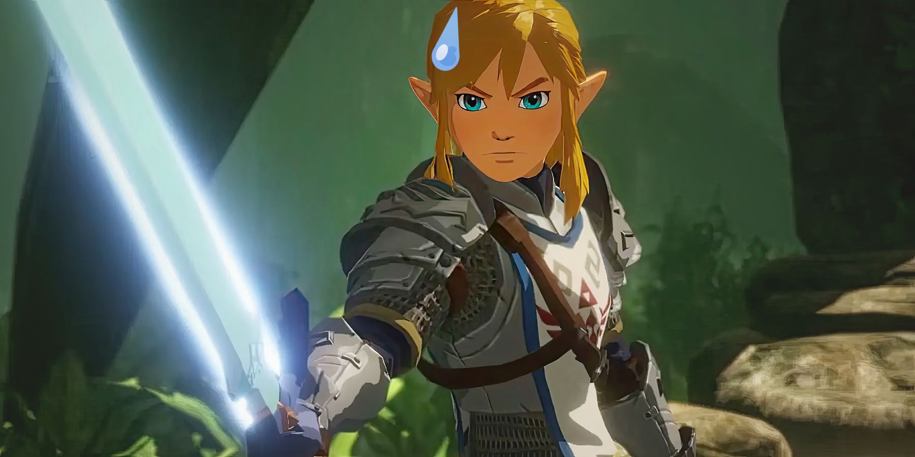 The Legend of Zelda TOTK Link holding Master Sword with ase-maaku sweat drop