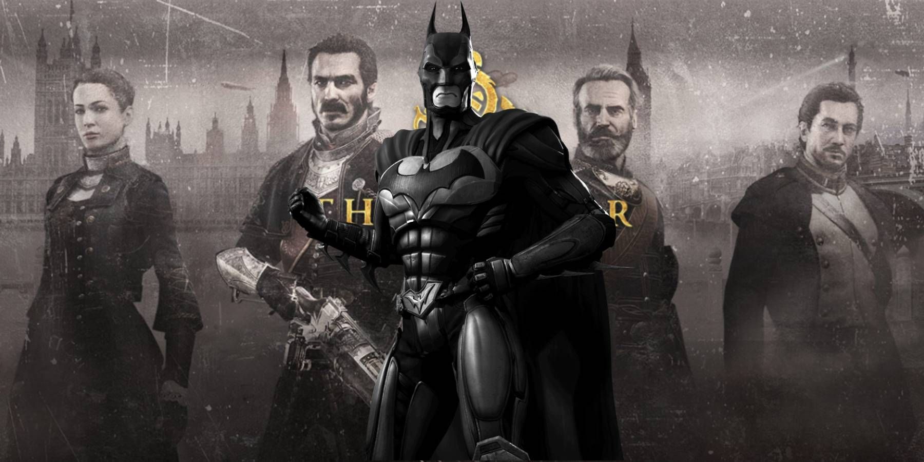 A black and white Batman over cover art for The Order: 1886