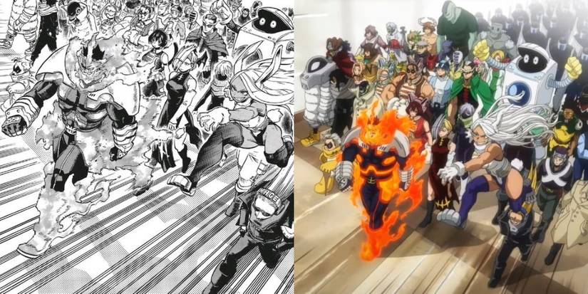 All the Pro Heroes going to war, comparison between manga and anime.