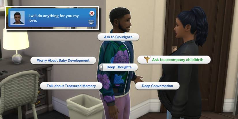 As an added feature from Pandasama's Childbirth Mod, a Sim can ask their spouse to accompany them in the birth.