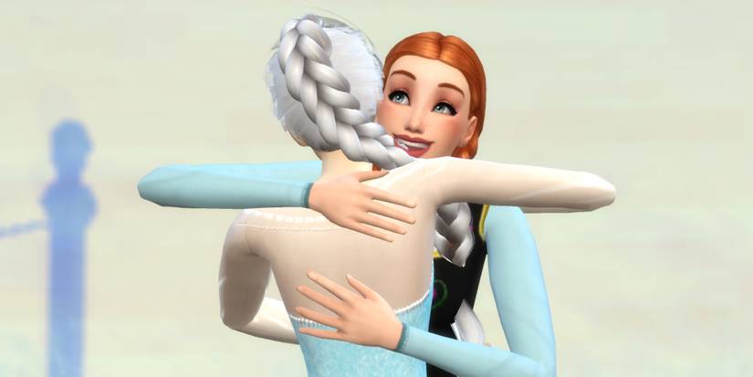 The Sims 4 version of Anna hugs her sister Elsa as part of the Disney Princess Challenge