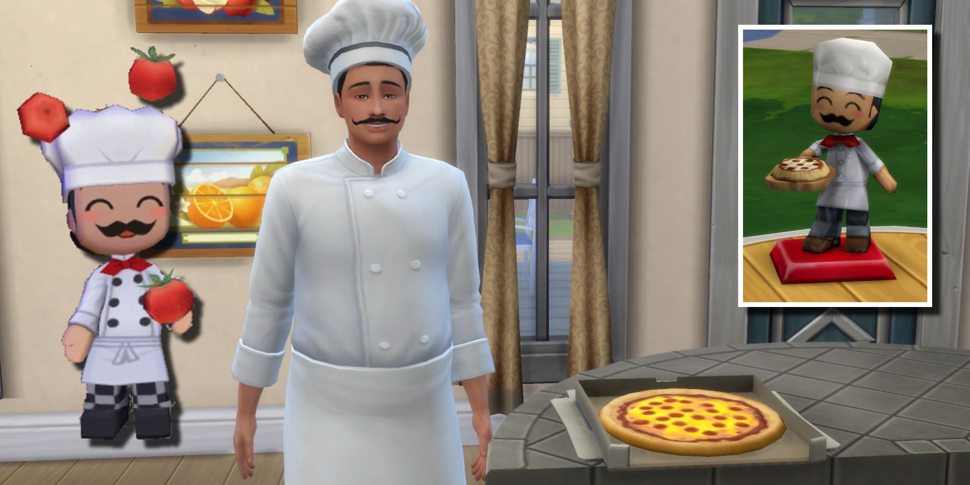 The Sims 4 version of Chef Gino from the MySims franchise smiling in front of his pizza