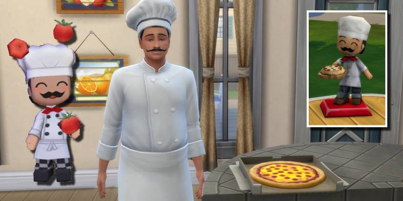 The Sims 4 version of Chef Gino from the MySims franchise smiling in front of his pizza