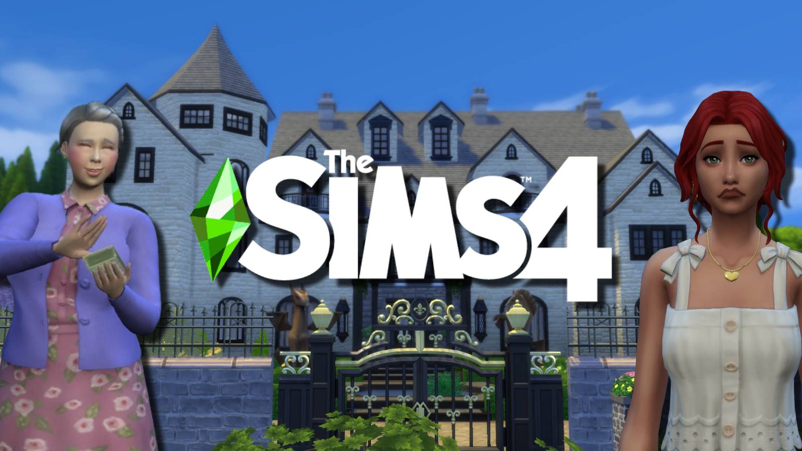 Two Sims from the Inherited Manor Challenge stand in front of the dilapidated manor