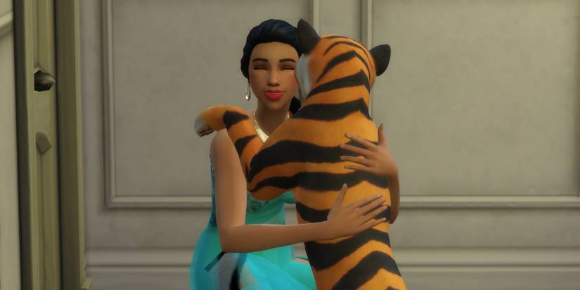 The Sims 4 version of Jasmine hugs her tiger Rajah as part of the Disney Princess Challenge