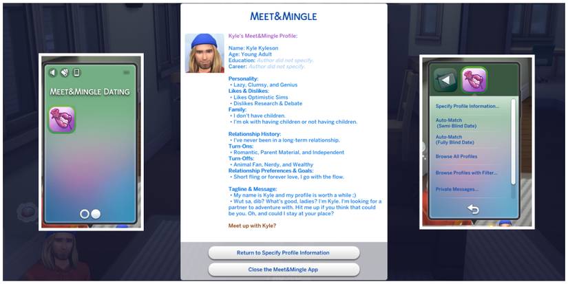 Players of The Sims 4 can use this new online dating app thanks to the Relationship & Pregnancy Overhaul Mod. Here is Kyle Kyleson's dating profile.