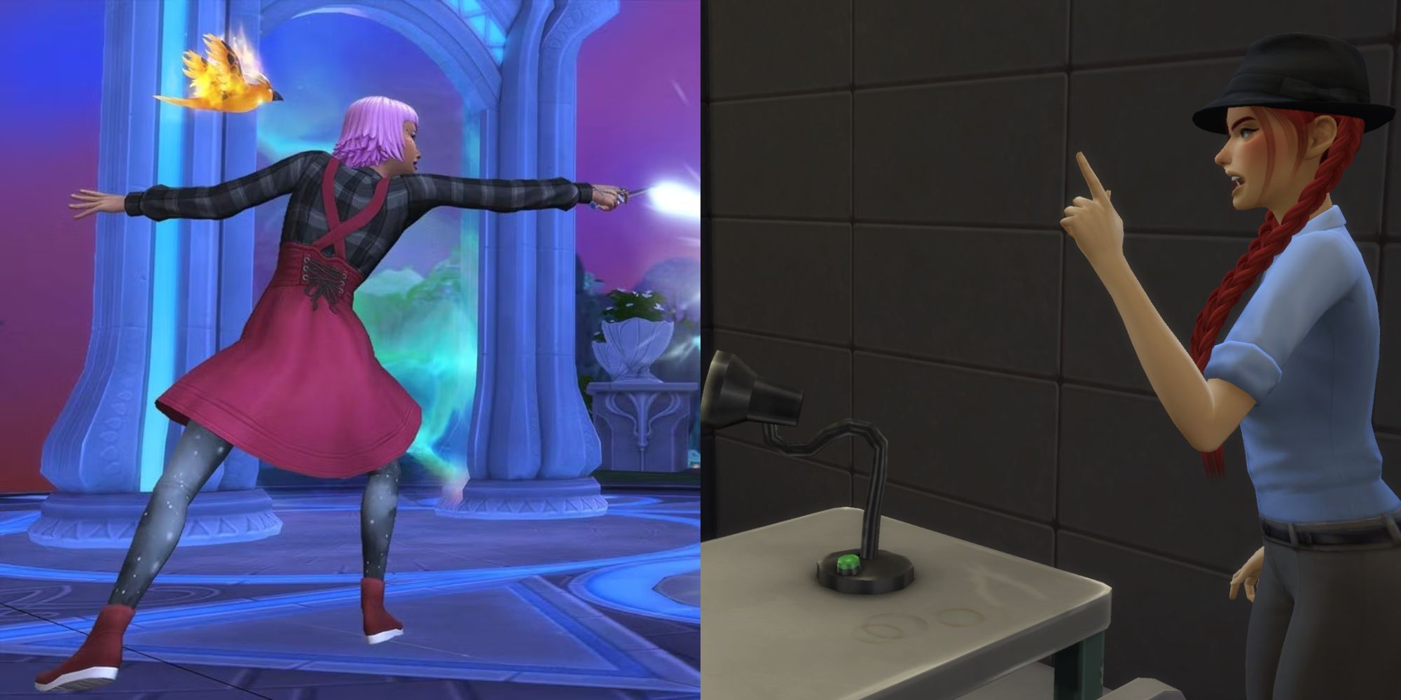 Two Sims 4 characters at work: Wendalyn dueling in the Magic Realm and Officer Ginny interrogating a suspect.