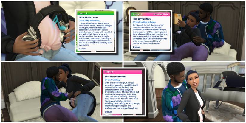 A handful of cute interactions like reading to the baby, cuddling, and listening to music are added with Pandasama's Childbirth Mod.