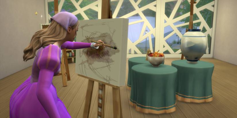 The Sims 4 version of Rapunzel hones her creative skills as part of the Disney Princess Challenge