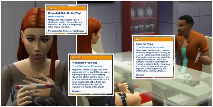 Morgan Fyres, a teenage Sim from The Sims 4, has wound up pregnant and has to tell her father. These new moodlets are from the Relationship & Pregnancy Overhaul Mod.