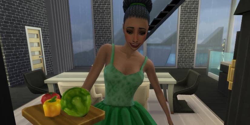 The Sims 4 version of Tiana cooks as part of the Disney Princess Challenge