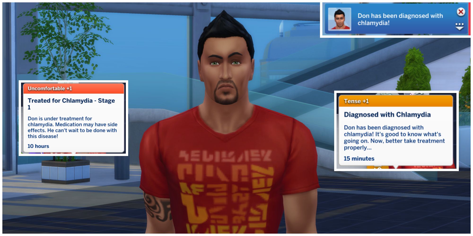 Don Lothario has developed a Woohoo-transmitted disease from the Relationship & Pregnancy Overhaul Mod for The Sims 4