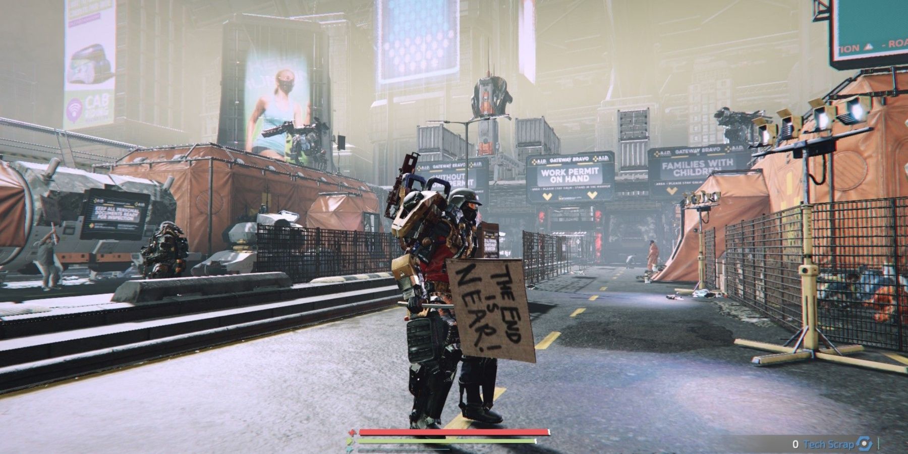 A man standing in the middle of a room holding a sign reading The end is near