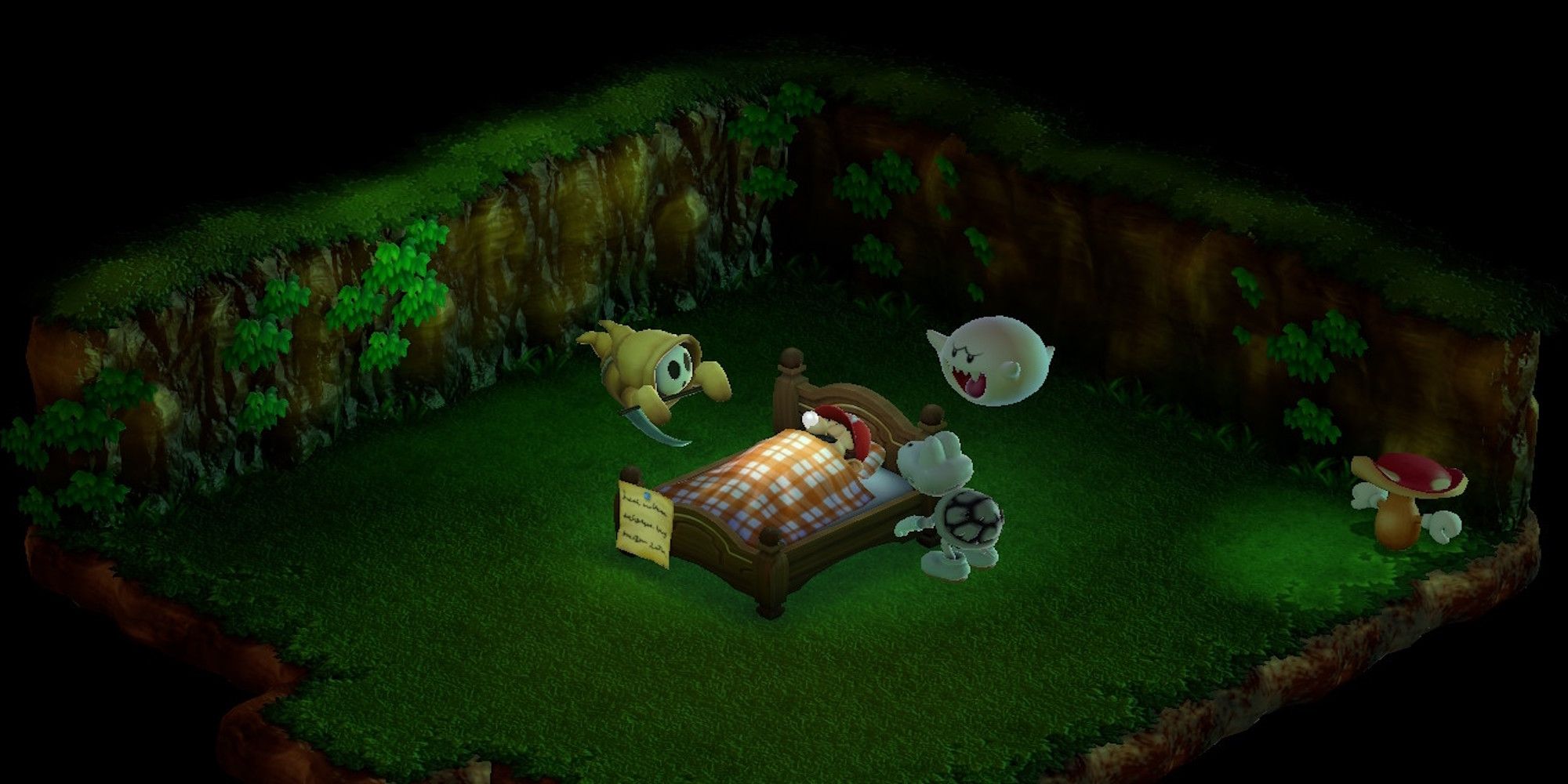 The Three Musty Fears visiting Mario in bed in Super Mario RPG