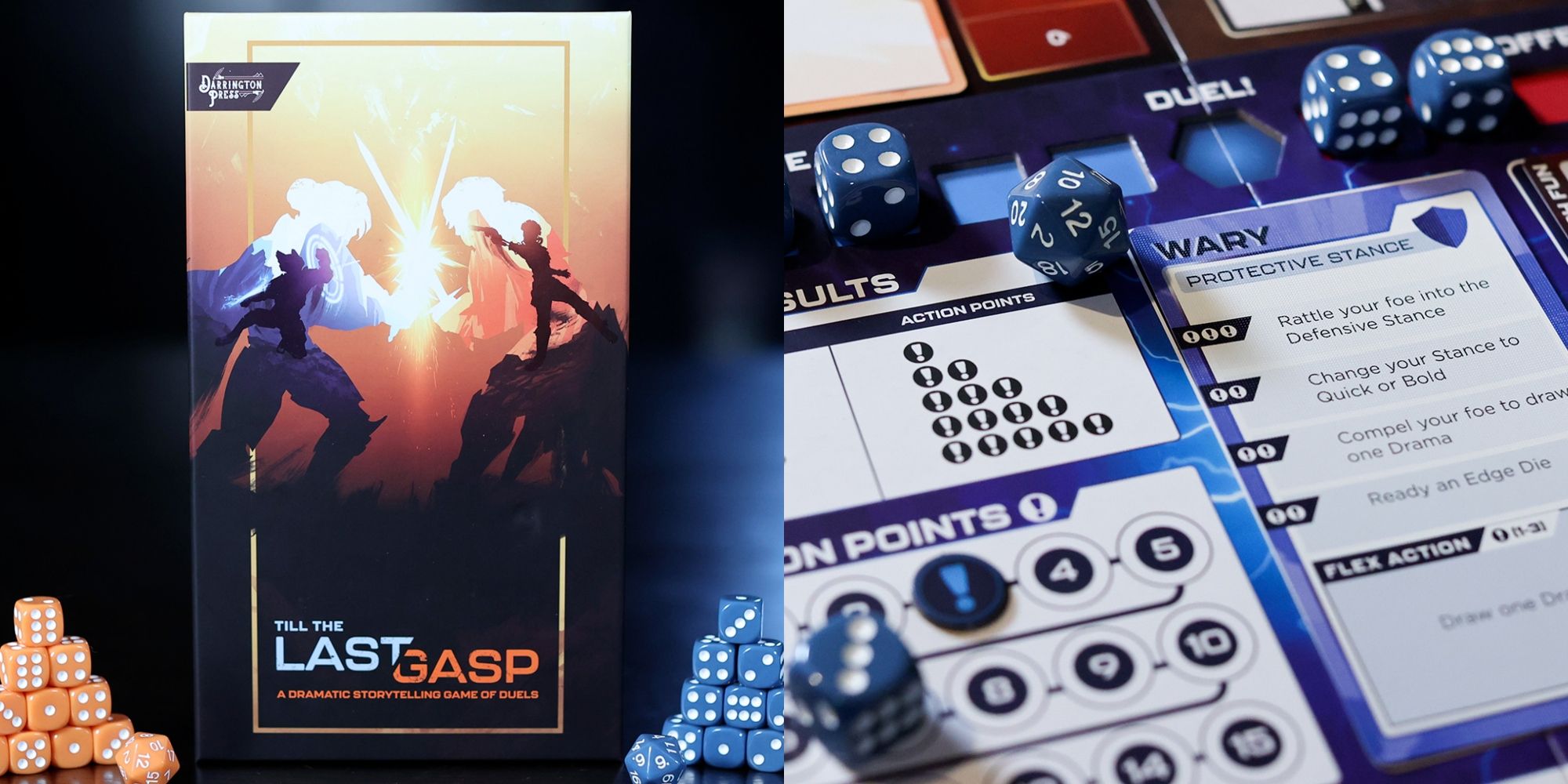 Till The Last Gasp box with blue and orange silhouettes duelling on the cover, beside the contents of the box including a card with stances listed on it