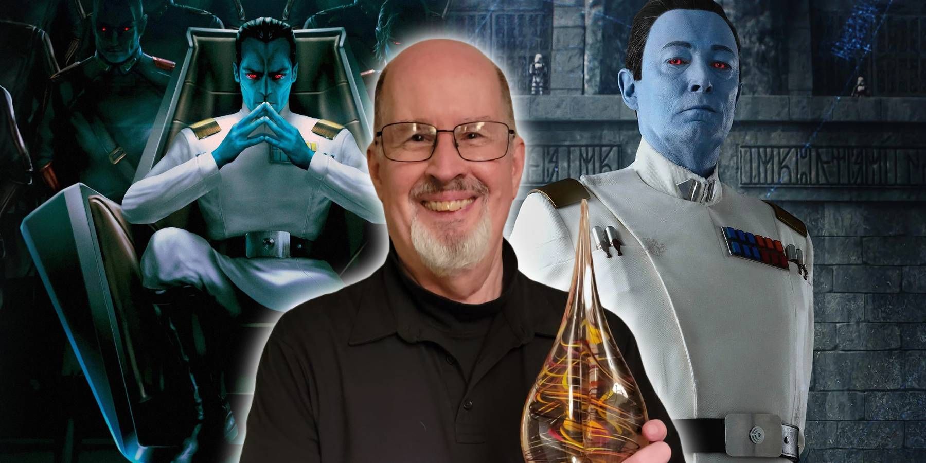 Grand Admiral Thrawn from Star Wars in drawn and live-action form as portrayed by Lars Mikkelsen with author Timothy Zahn
