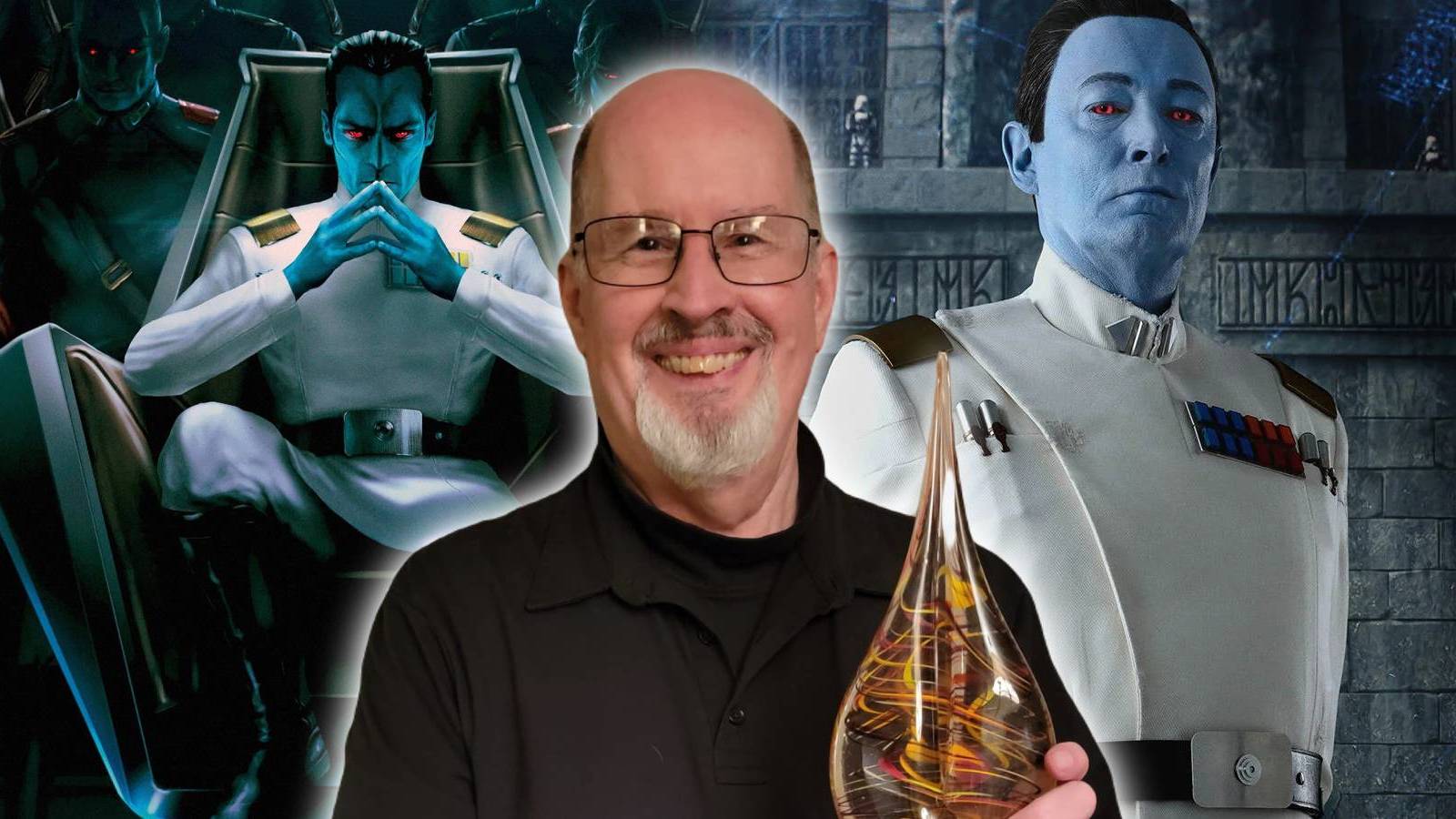 Grand Admiral Thrawn from Star Wars in drawn and live-action form as portrayed by Lars Mikkelsen with author Timothy Zahn