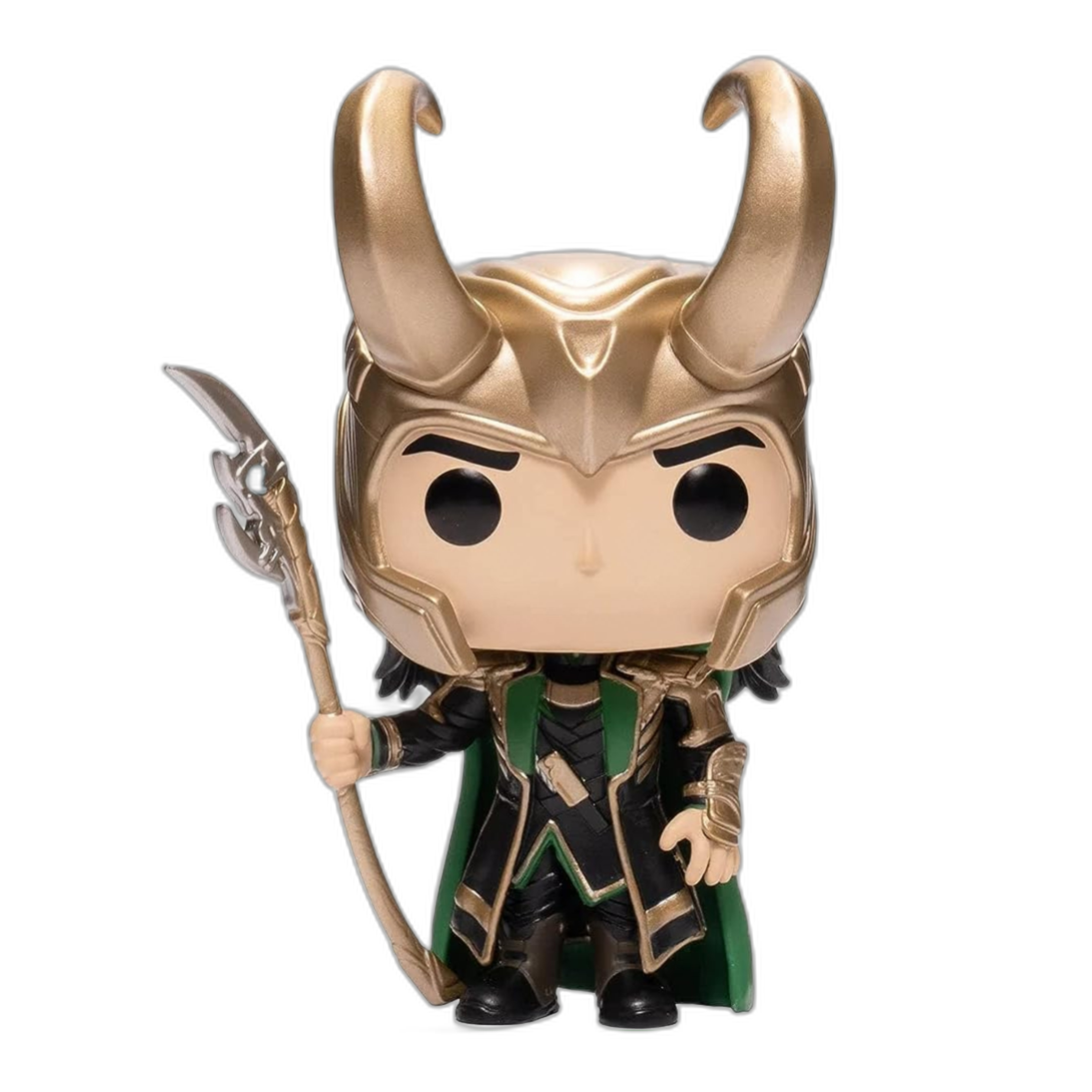 Funko Pop of Loki from the 2012 Avengers Movie, with his scepter. 