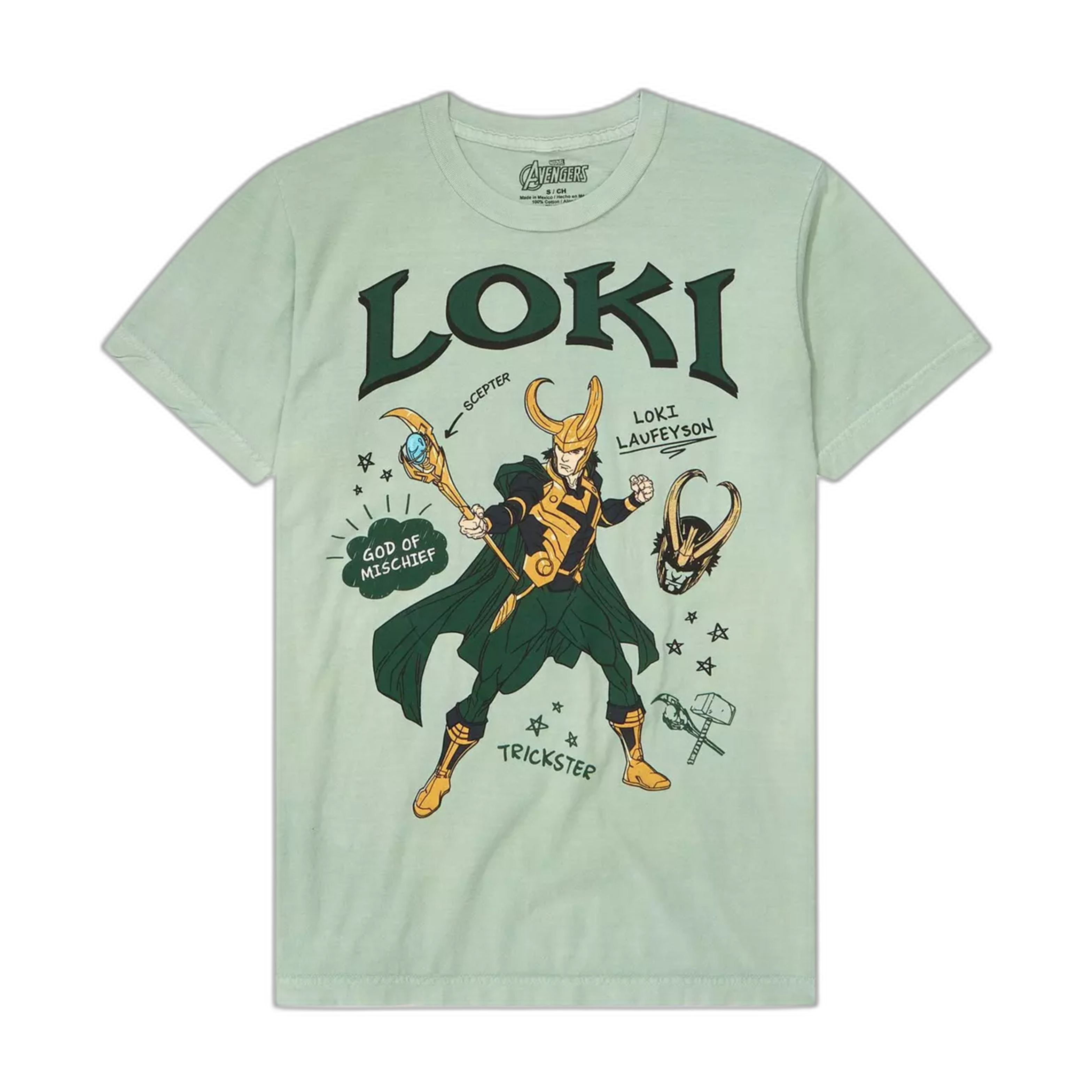 Sage green Loki Shirt with doodle art, character originating from the Marvel franchise.