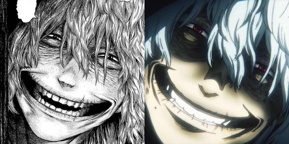 A comparison of Tomura Shigaraki's creepy smile, both in the manga and the anime.