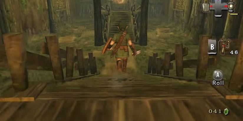 link running down a wooden bridge in the forest temple