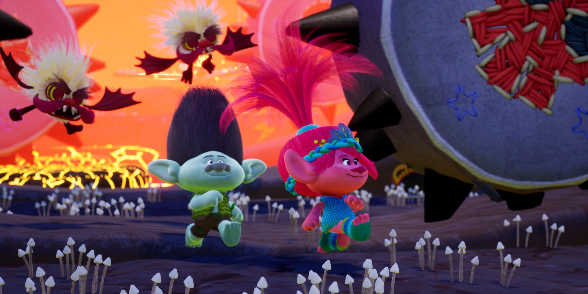 Branch and Poppy from Trolls walking together