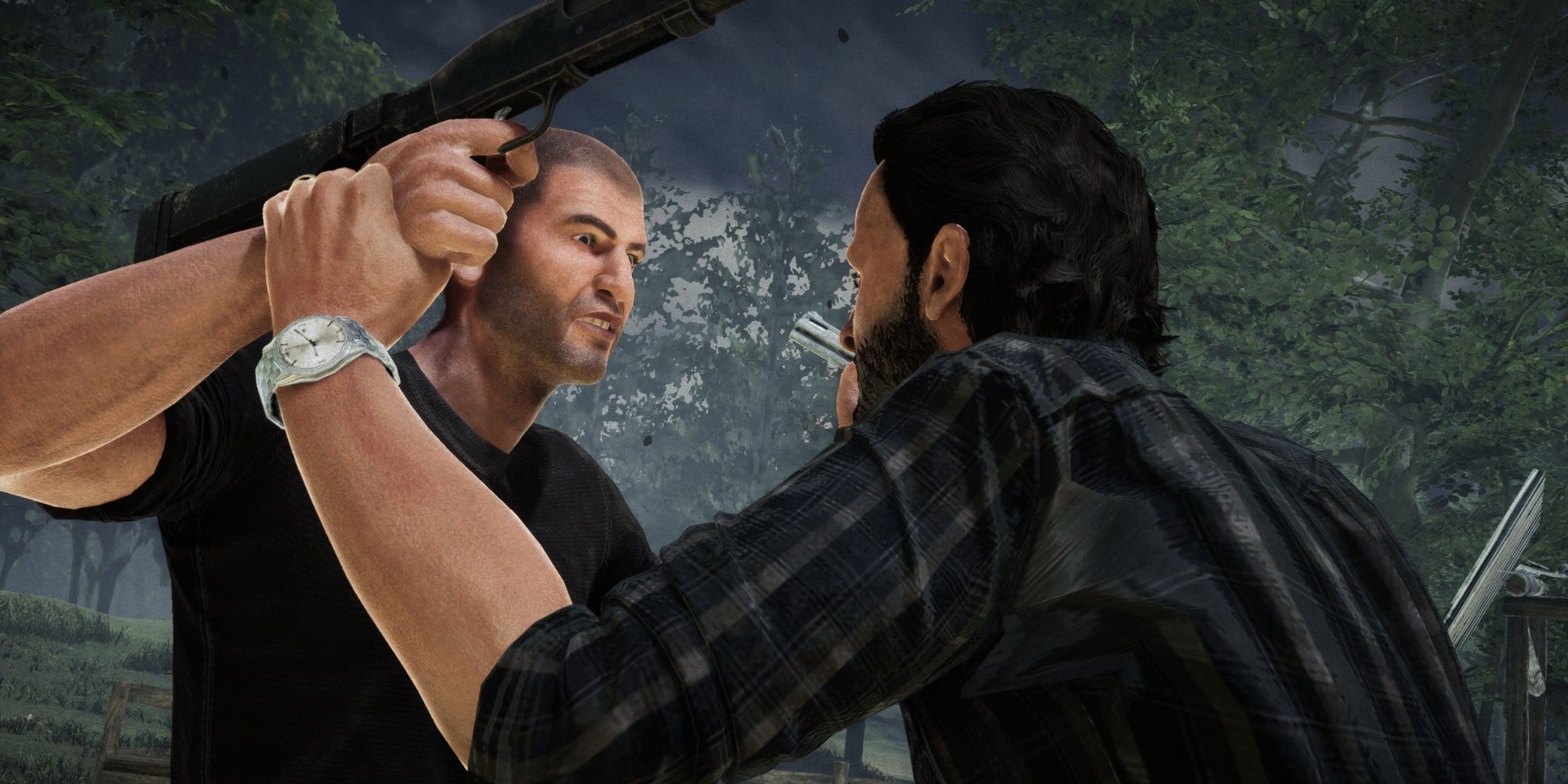 shane and rick fighting with guns