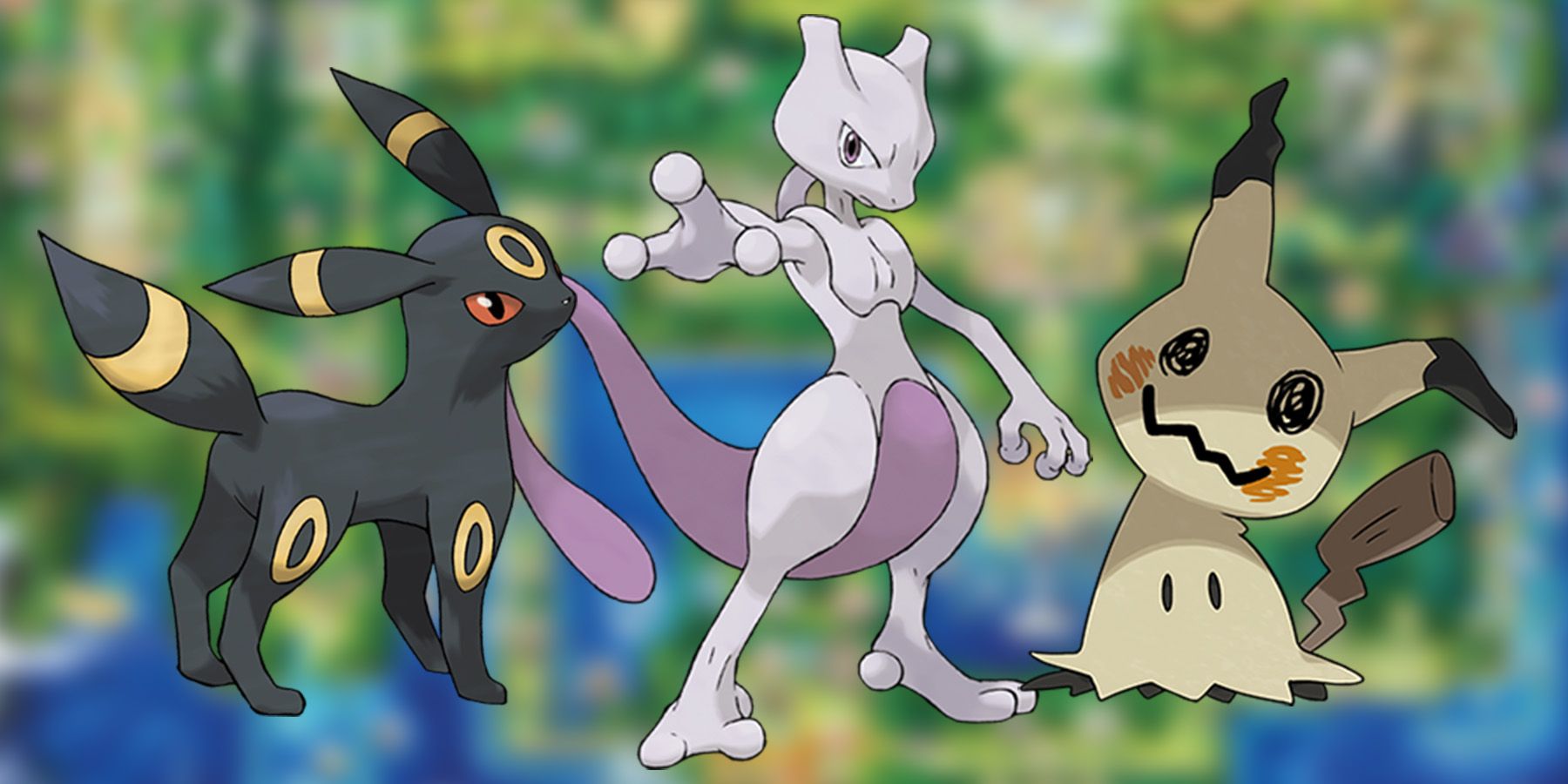 Umbreon Mewtwo and Mimikyu in front of blurred Kanto map