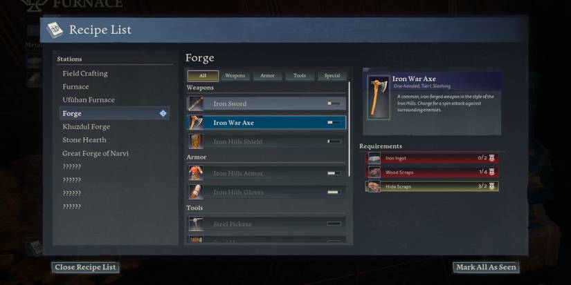 how to craft iron war axe in return to moria