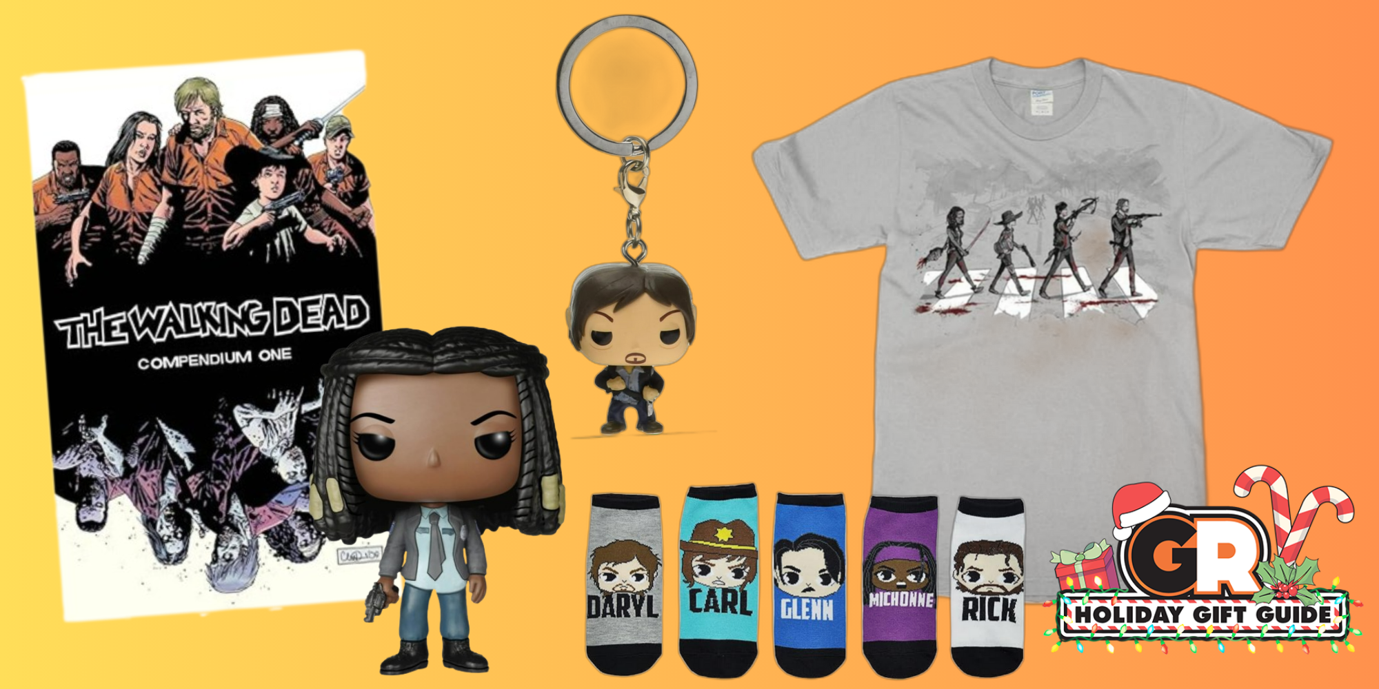 Various The Walking Dead related merchandise above a orange and yellow gradient background, with a game rant holiday gift guide logo.