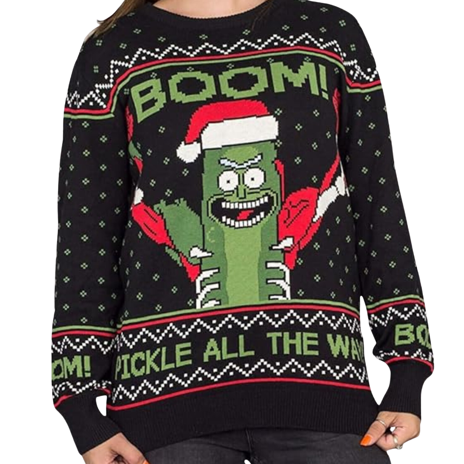 Rick and Morty Boom! Pickle Rick Adult Ugly Christmas Sweater made by Ripple Junction.