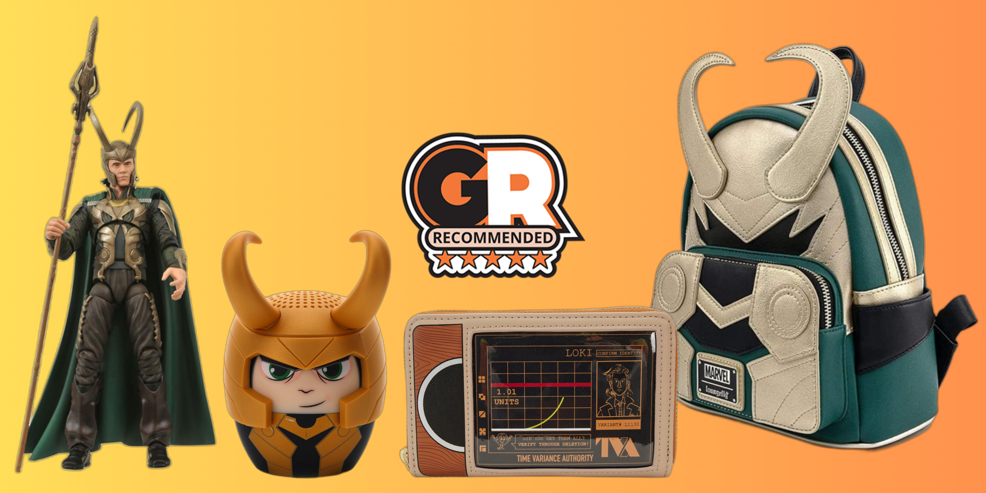Several Loki themed products, a figurine, speaker, wallet, and mini backpack, above a orange and yellow gradient background with the Game ZXC logo in the middle. 