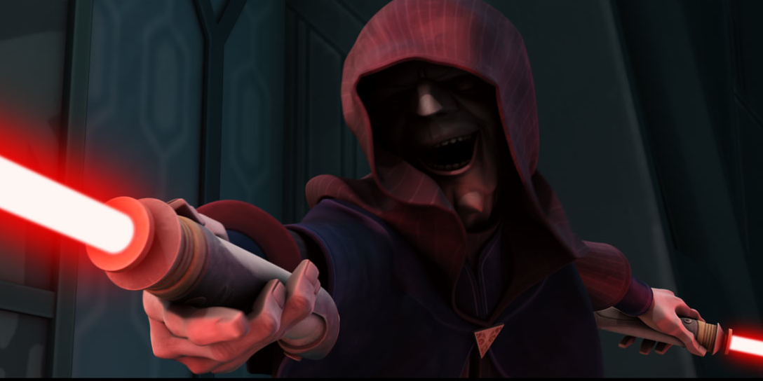 Darth sidious wields his lightsabers against Maul and Savage Opress