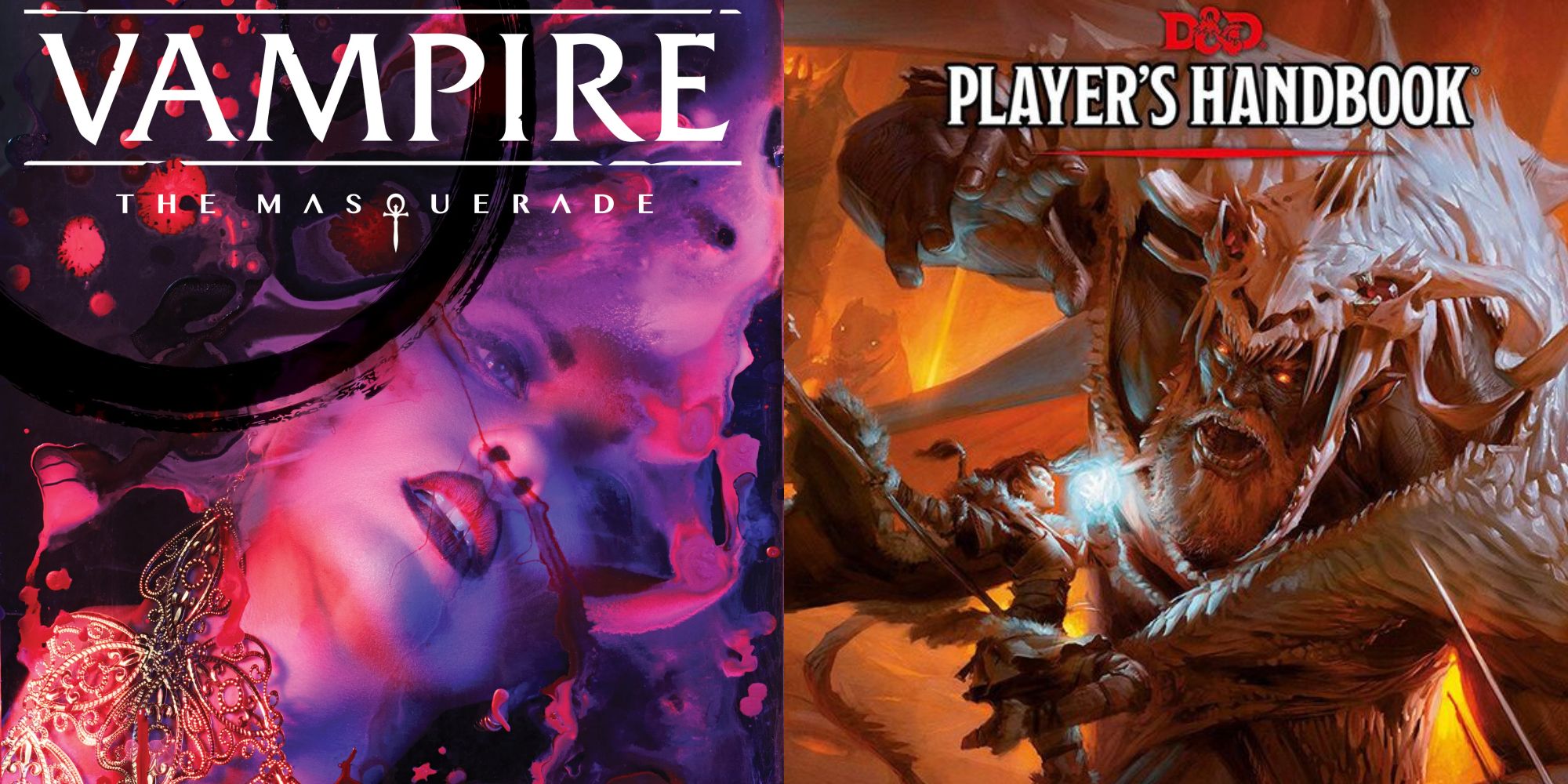 Vampire The Masquerade handbook and Dungeons and Dragons handbook side by side