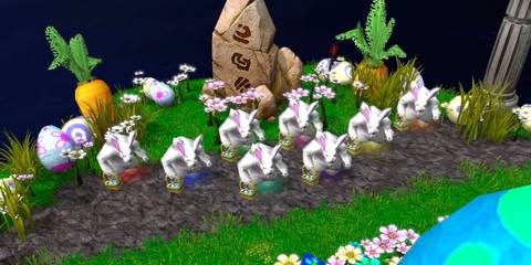 A squad of Funny Bunnies near grass and eggs