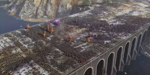 Two major armies battling on a bridge