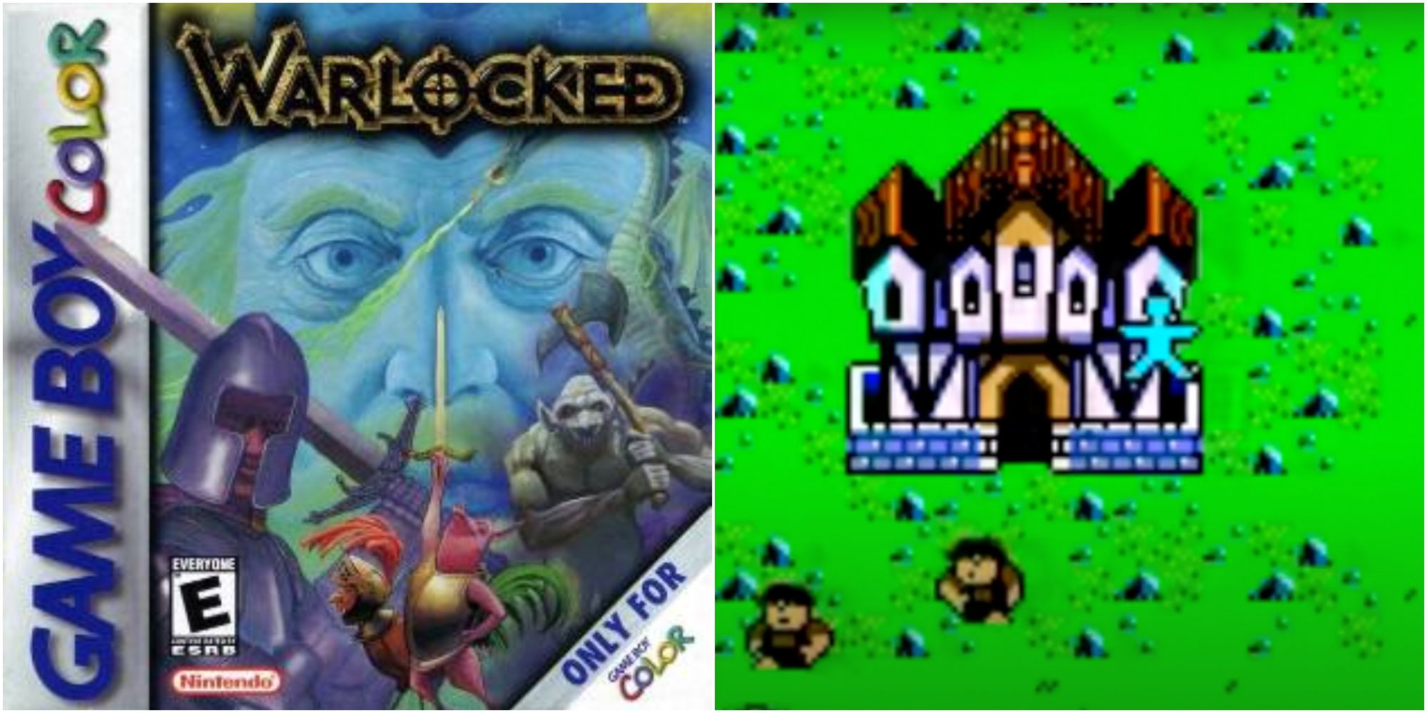 Warlocked Game Boy Color cover beside a screenshot of a castle from the game