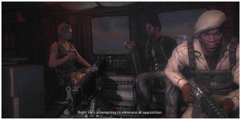 A dark helicopter with three characters, one being Rico from Just Cause 2, having a conversation
