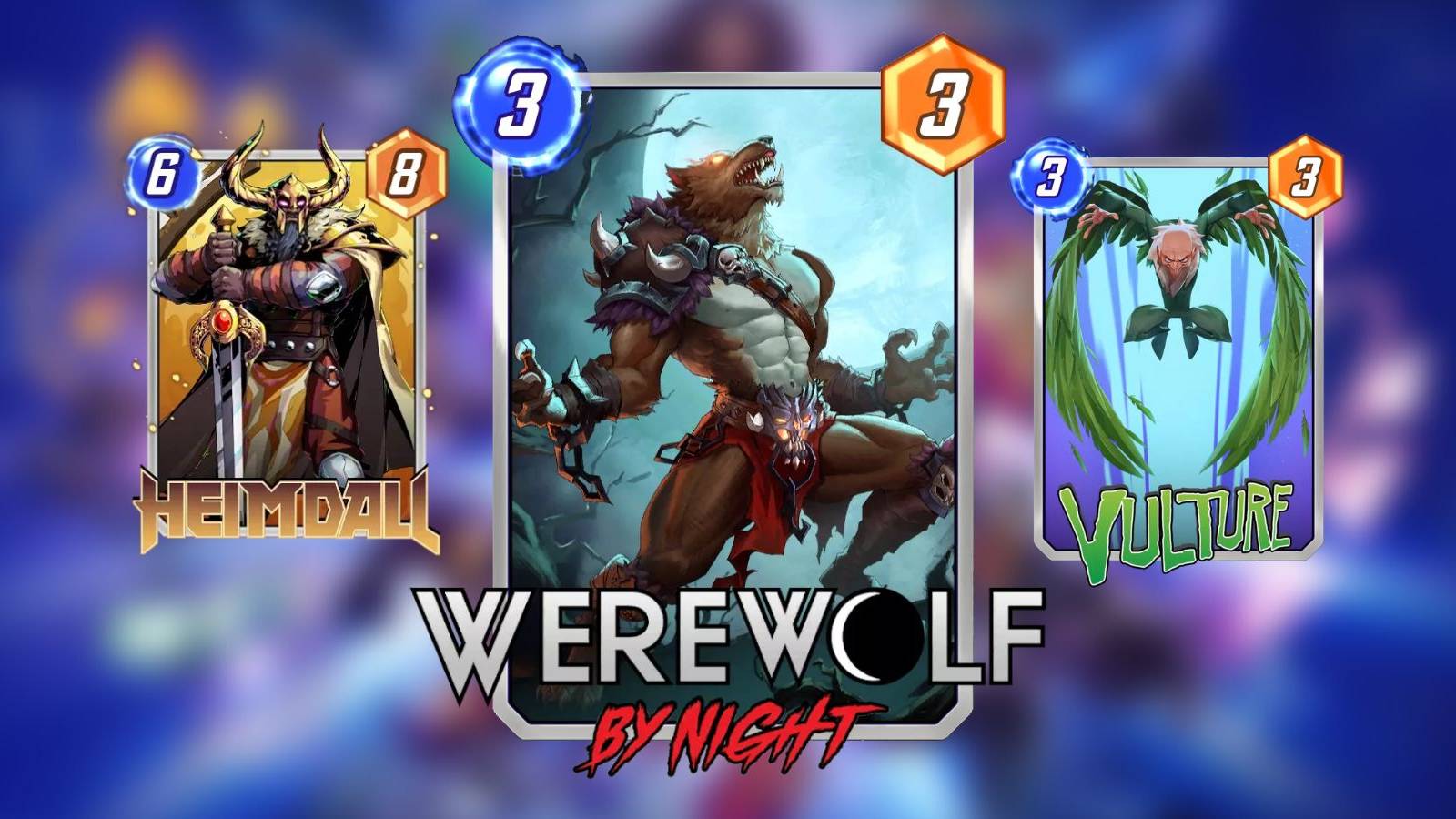 werewolf by night, heimdall, and vulture cards in marvel snap.