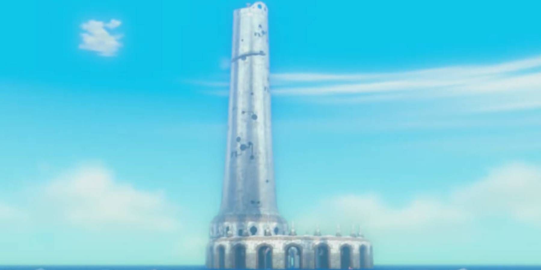 Torre dos Deuses erguendo-se do mar em The Legend of Zelda: The Wind Waker