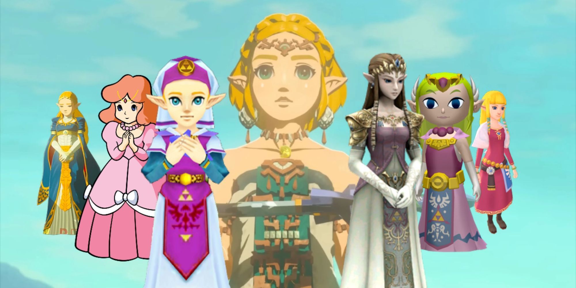 Seven iterations of Zelda, all of them standing around TotK Zelda as she holds the master sword
