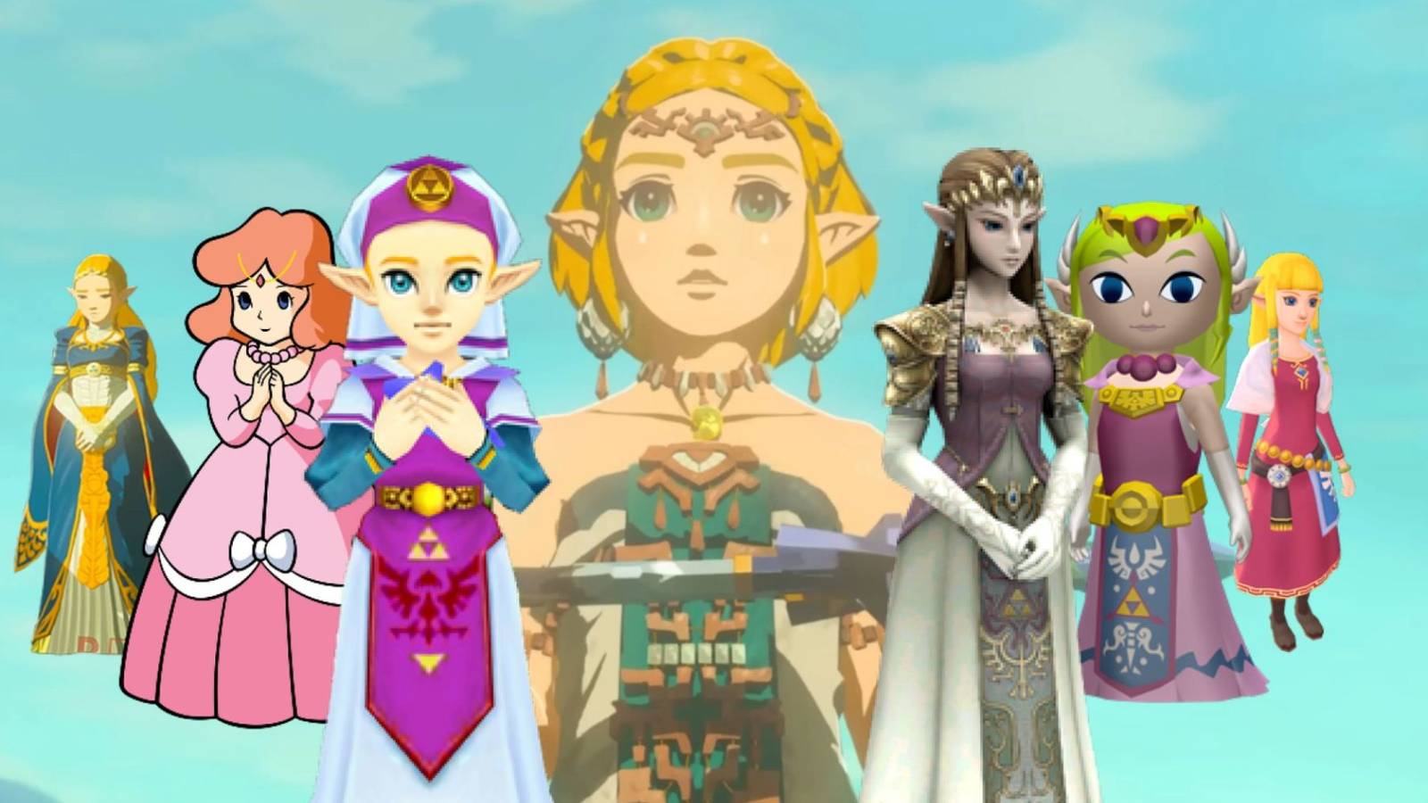 Seven iterations of Zelda, all of them standing around TotK Zelda as she holds the master sword