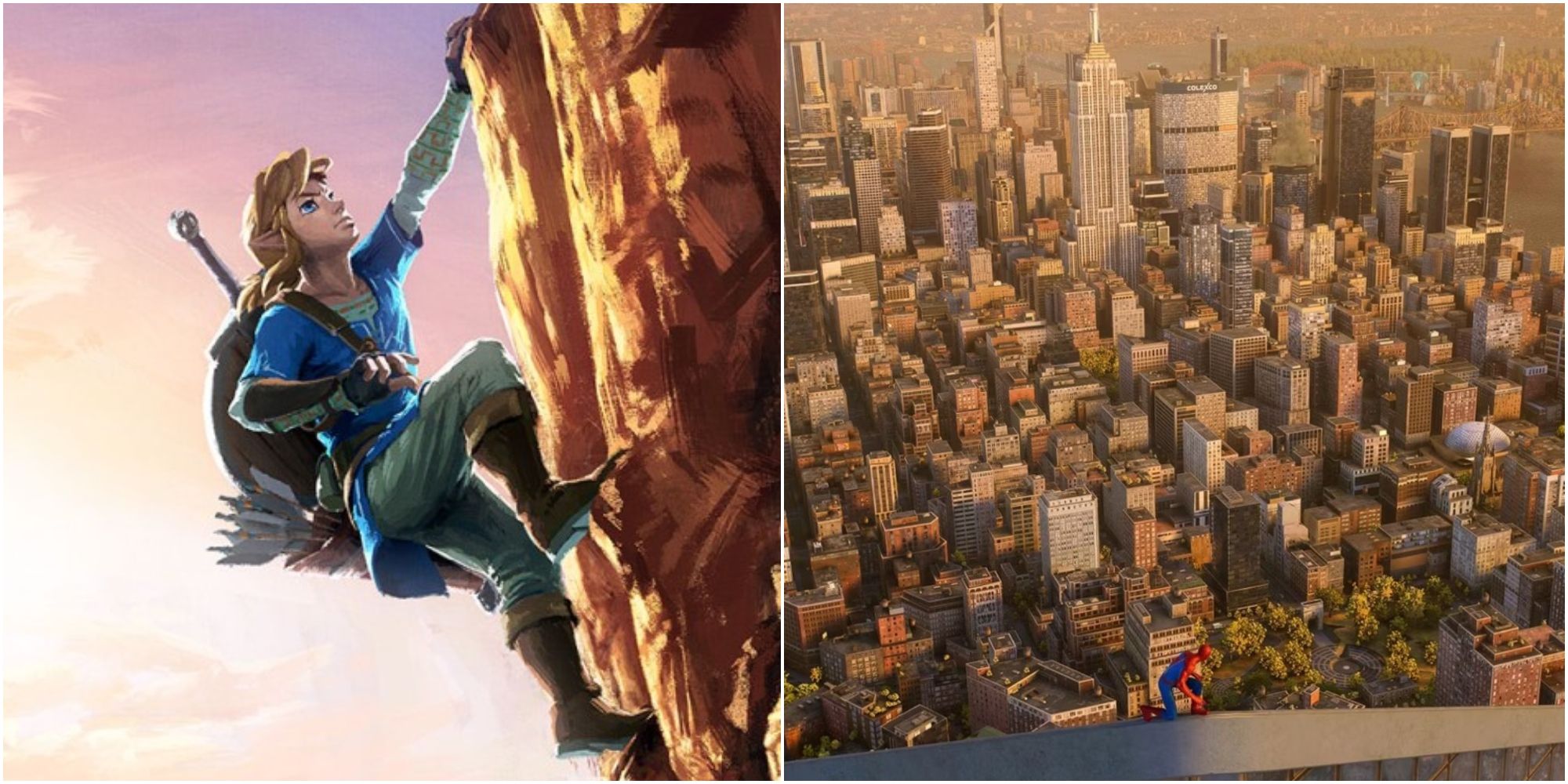 BotW Link climbing up a cliffside beside Spider-Man atop a tall building looking out across New York