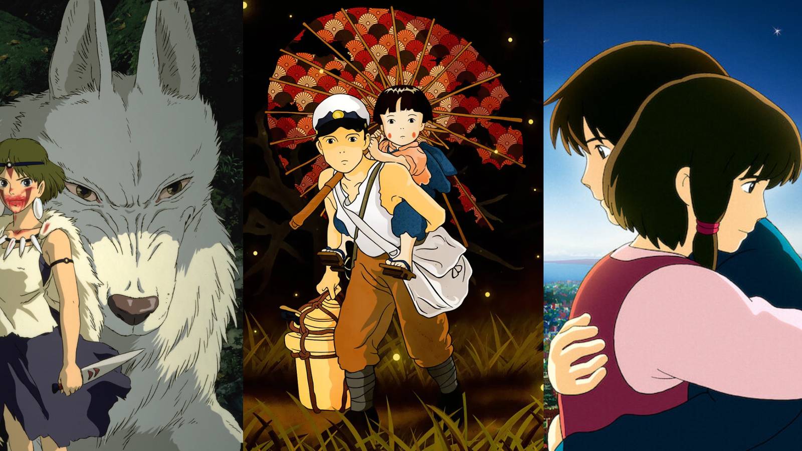Split images featuring Princess Mononoke, Grave of the Fireflies and Tales from Earthsea