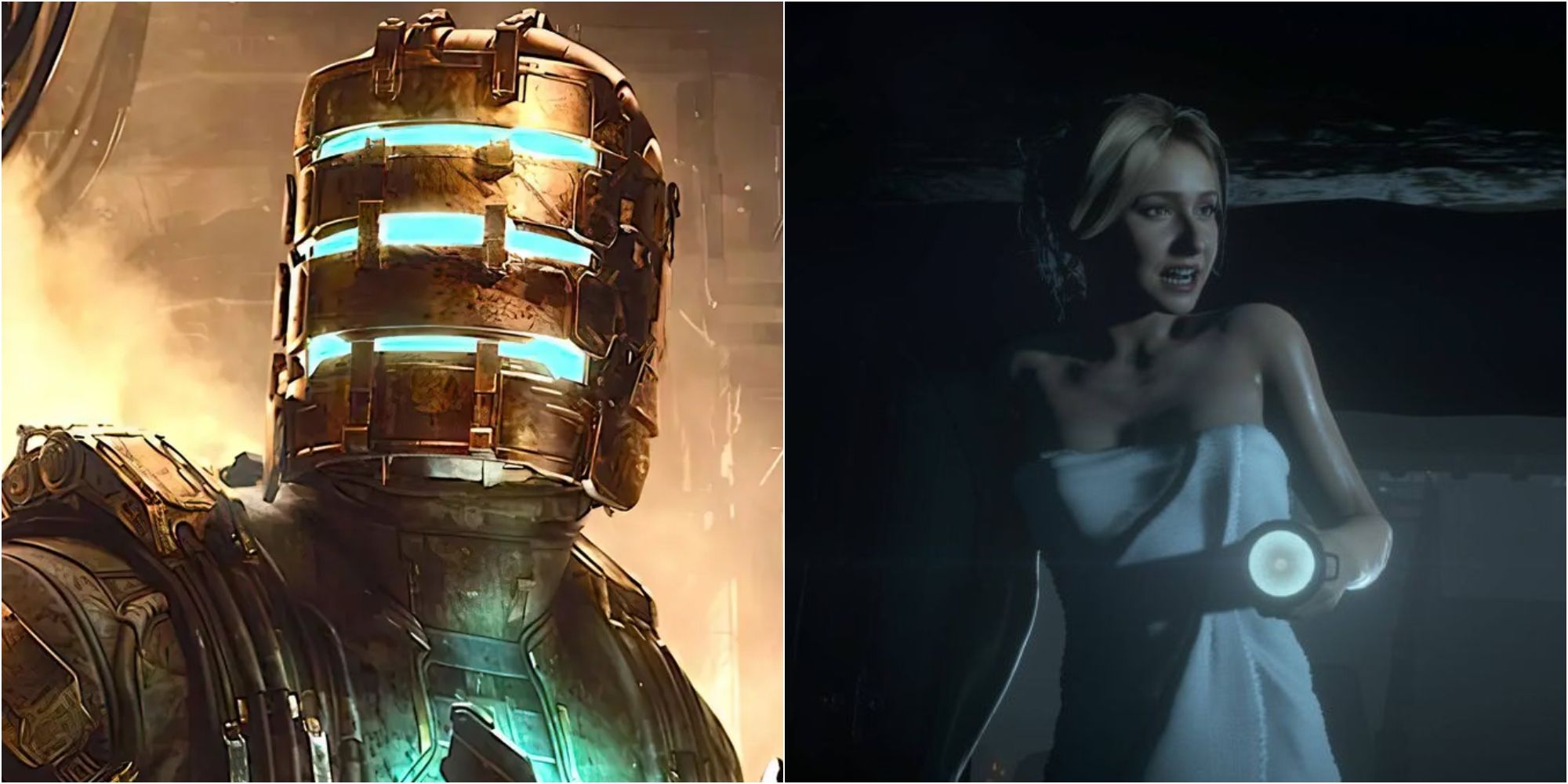 Isaac from Dead Space with his copper helmet on, next to Sam from Until Dawn in her towel with a flashlight