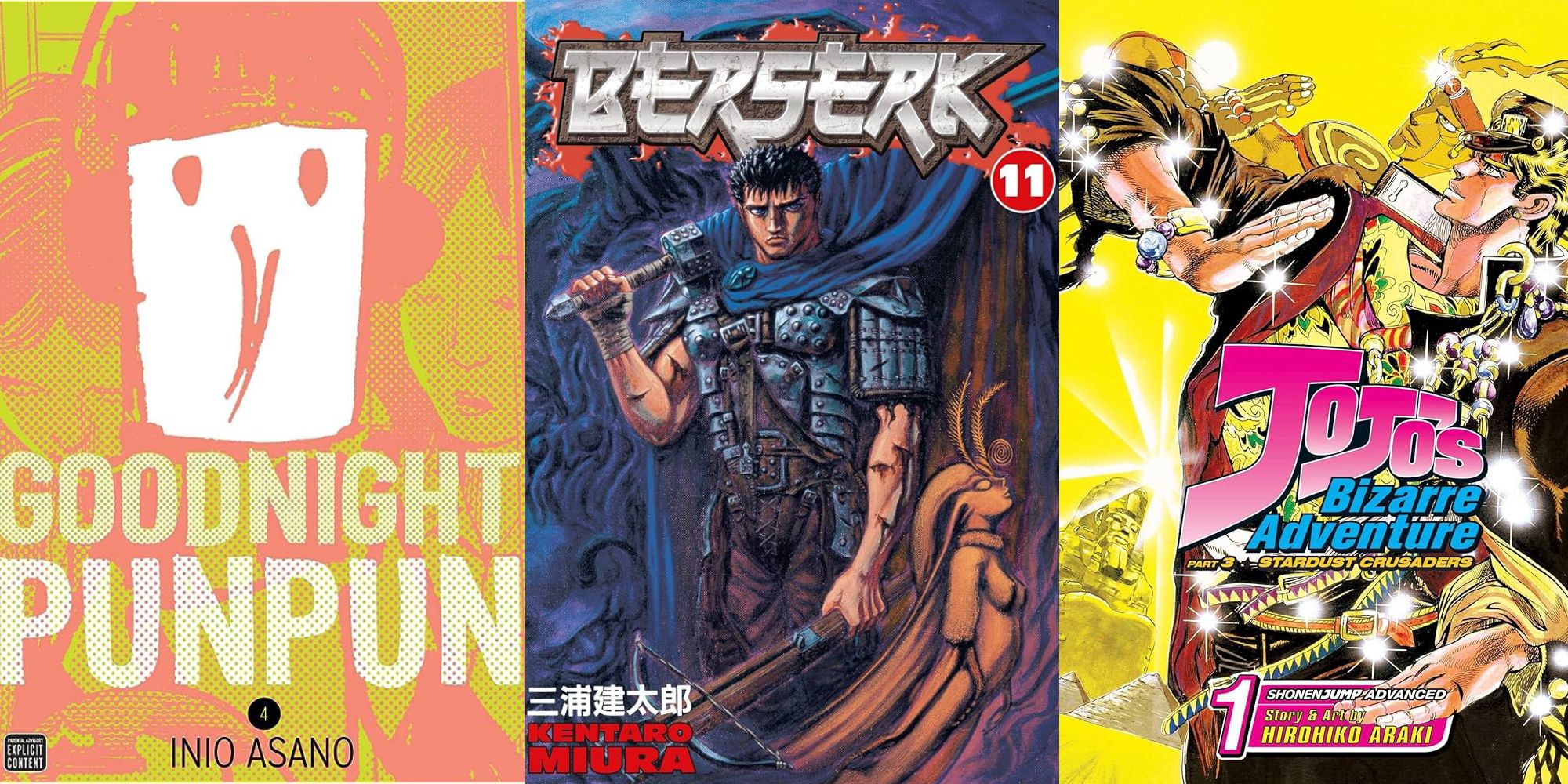 X Manga With Unconventional Art Styles That Are Great split image Goodnight Punpun, Berserk, JoJo's Bizarre Adventures manga covers.