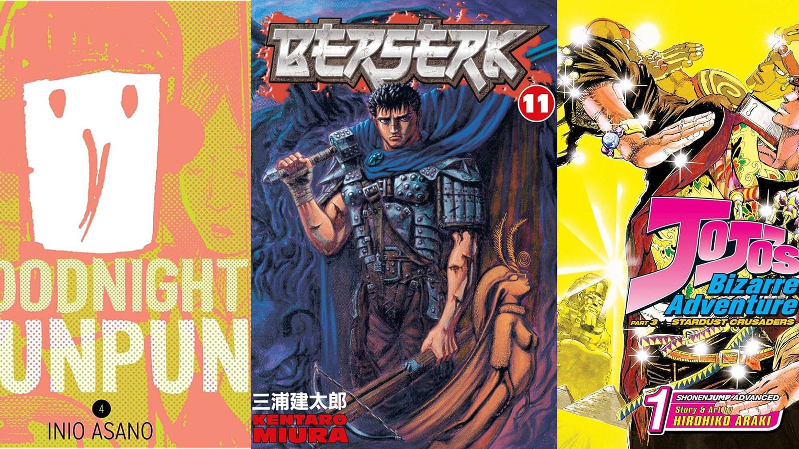 X Manga With Unconventional Art Styles That Are Great split image Goodnight Punpun, Berserk, JoJo's Bizarre Adventures manga covers.